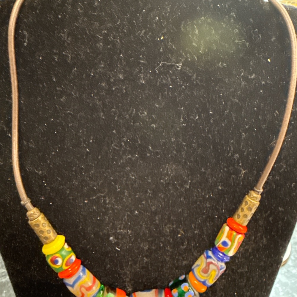 Vintage African Krobo Trade Bead Collar Necklace - Recycled Glass, Leather Cord